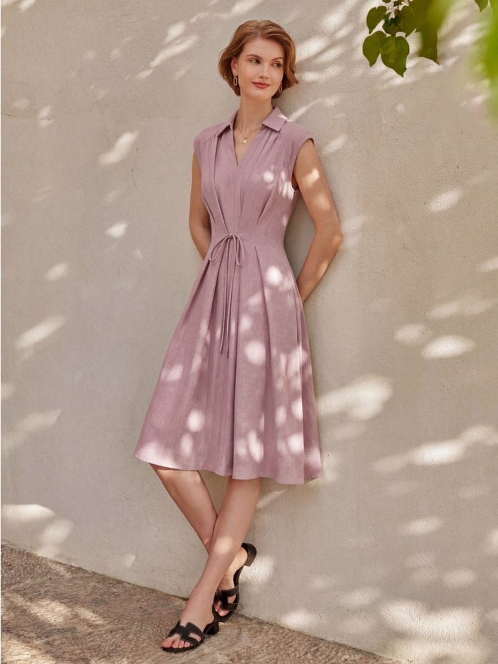 OGL Viscose-Linen Collared V-neck Midi Dress with Drawstring in Soft Pink size M